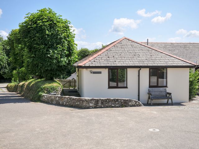 A house with a bench and trees at Columbine Cottage in Bude