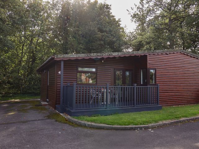 A log cabin with a deck and railing at Bugle in Saltburn-By-The-Sea