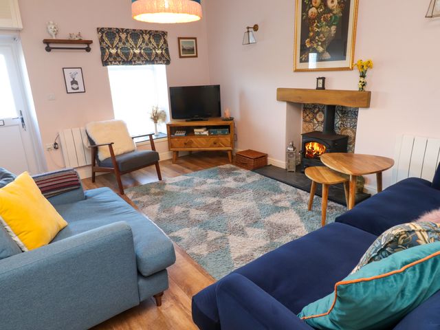 A living room with two sofas a wooden armchair a fireplace a TV on a wooden stand and a patterned rug at 2 Pant Y Celyn in Llanllyfni