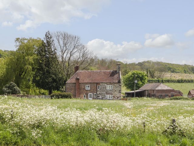 A stone and brick house with a tiled roof surrounded by trees and a field of white wildflowers at 2 Court Farm in Bere Regis
