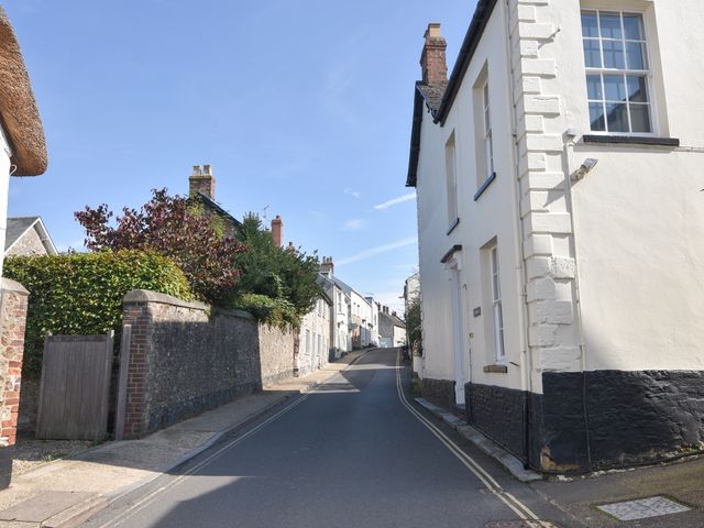 A narrow street lined with white buildings and stone walls under a clear sky at The Fernery in Colyton
