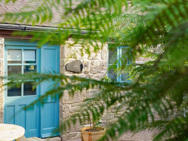 A stone building with a blue door and window partly obscured by green fern leaves at Lamorna in Mawnan Smith Near Falmouth