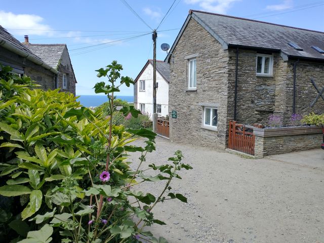 A gravel road with stone cottages and plants in a village near the sea at The Mill in Trethevy near Tintagel