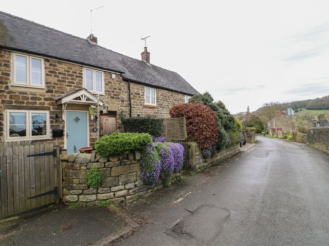 A stone cottage with a blue door and garden with bushes and flowers next to a quiet road at Clematis Cottage in Fritchley near Crich