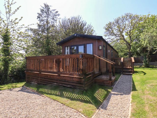A wooden cabin with a deck and a gravel path surrounded by grass and trees at Buttercup Lodge in Runswick Bay near Staithes
