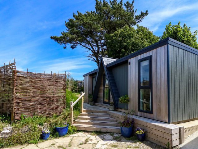 A small modern cabin with wooden steps and potted plants outside near a woven fence at The Cabin in Swanage