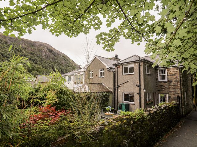 A stone house with garden plants and patio furniture framed by tree branches at Ty Nain in Beddgelert