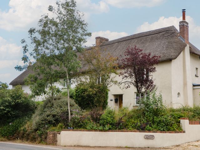 A house with a thatched roof and garden at Mei Cottage in Pinhoe