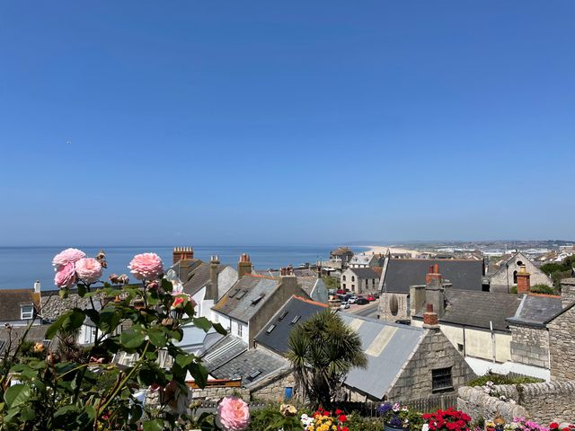 A coastal town with rooftops and flowers in the foreground at 33 High Street in Fortuneswell