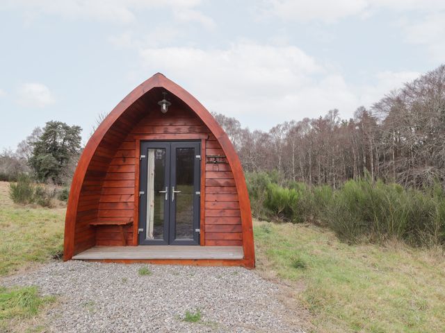 A wooden pod with a door and steps at Pod 2 in Beauly