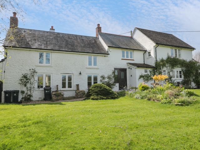 The exterior of a white stone house with multiple windows a door and garden with shrubs and lawn at Brook Cottage in Sturminster Newton
