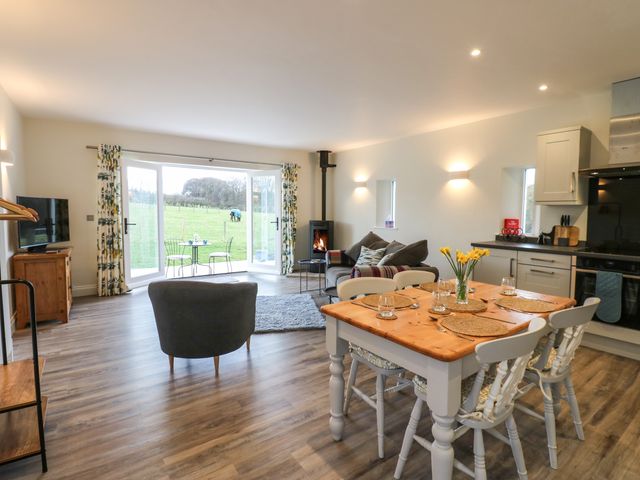 An open plan living and dining area with a dining table and chairs a sofa and armchair a wood stove and a TV near large glass doors leading to a garden at The Barn in Copley