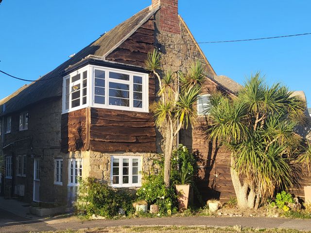 A house with windows and palm trees at Fishermans Locker in West Bay