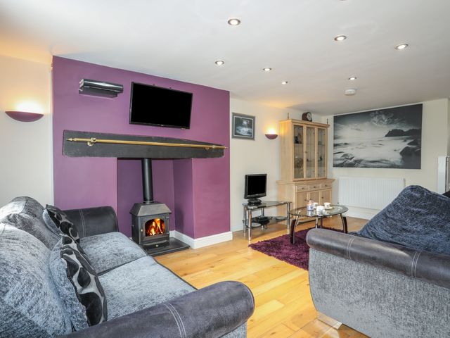 A living room with two sofas a wood stove under a wall-mounted TV and a cabinet with glass doors at 42 Hyfrydle Road in Penygroes