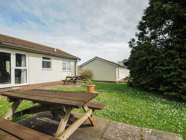 An outdoor area with wooden picnic tables on grass and concrete near white buildings with windows and a large tree at Chalet 27 at Landscove Holiday Park in Brixham