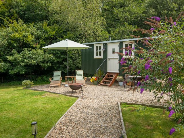 An outdoor area with a green cabin and seating at Collen in Aberaeron