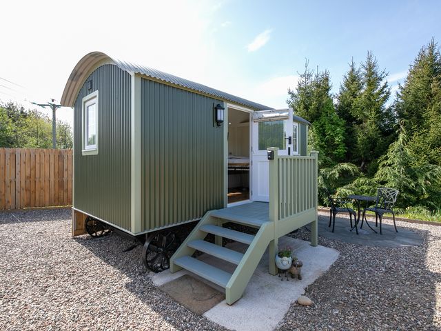 A green metal shepherd hut with stairs and an open white door next to a small table and two chairs at Strathmore in Burnside near Forfar