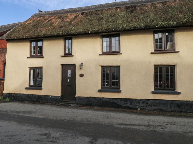 A house with a thatched roof and windows at Bridge Cottage in Budleigh Salterton