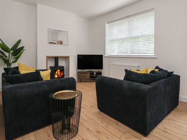 A living room with a fireplace and sofa at 5 Marsh Lane in Flint