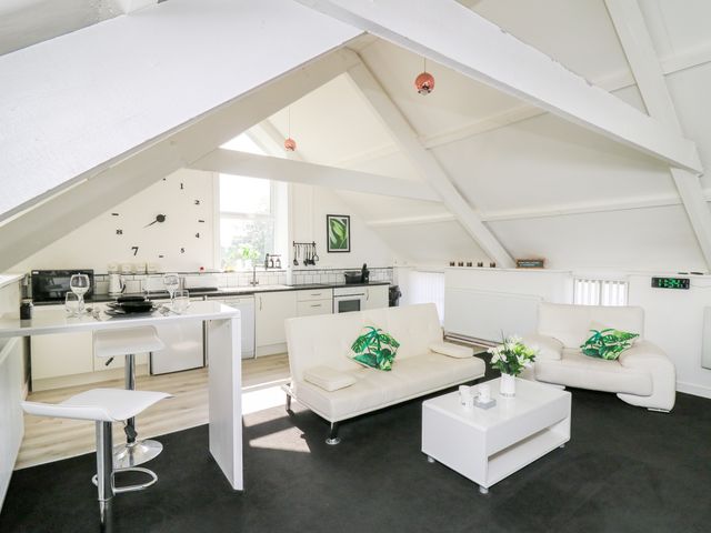 A kitchen and living area with white furniture and black carpet at The Old Workshop in Dre-Fach near Lampeter