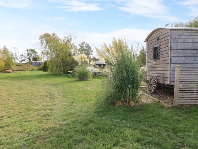 A shepherd's hut surrounded by grass and pampas grass at Poppie's Shepherds Hut at Shepherds Lodge Retreat and Wellness