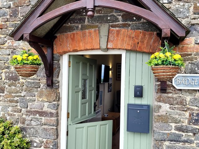 An entrance with a green door and hanging plants at Badgers Sett in Stibb near Kilkhampton