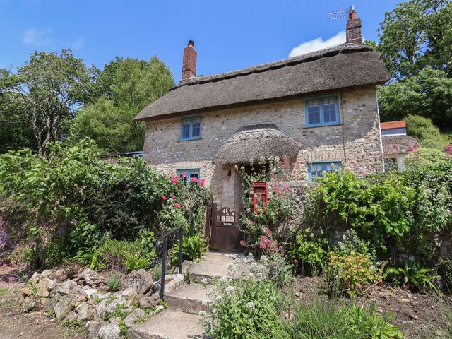A cottage with a thatched roof and garden at Upper Cottage Rocombe near Uplyme