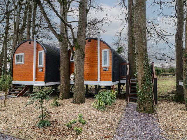 Two small wooden cabins on stilts with steps leading up surrounded by trees and gravel at Elm in Dungiven Londonderry