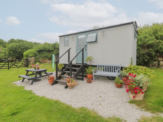 An outdoor area with a shepherd's hut and a picnic table at Teg in Prospidnick near Porthleven
