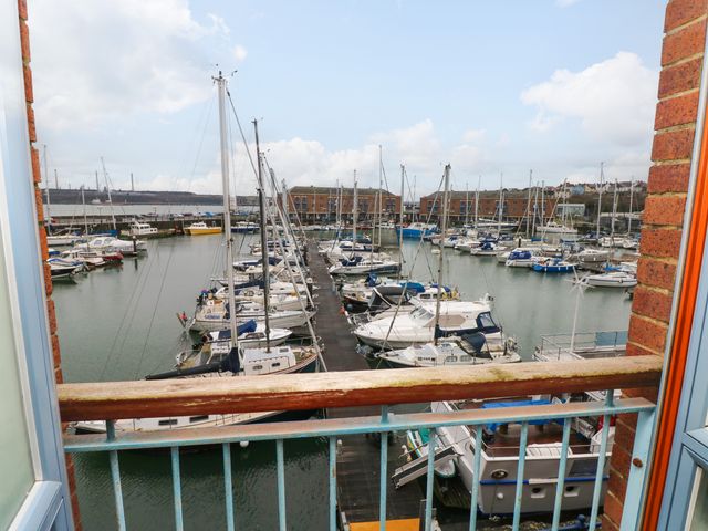 A marina with sailboats and yachts docked by a walkway viewed from a balcony at 15 Sovereign House in Milford Haven
