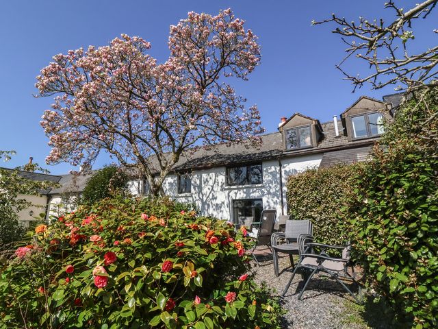 An outdoor garden area with flowering bushes and a tree in front of a stone house with patio chairs at Magnolia View in Goodleigh near Barnstaple