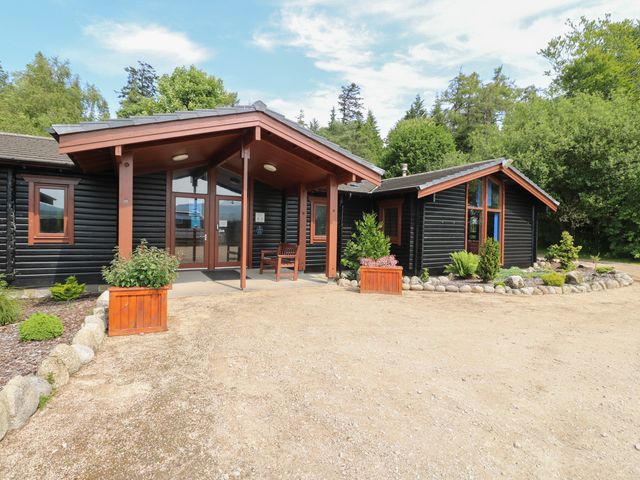A house entrance with planters and trees at Shore Lodge in Brodick