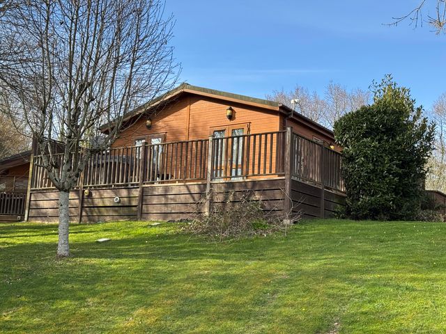 A lodge with decking and trees at Woodland View 31 - The Hawthorns near Chudleigh