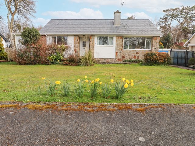 A stone and white house with a chimney fronted by a lawn with yellow flowers at 3 Glyn Y Mor in Llanbedrog