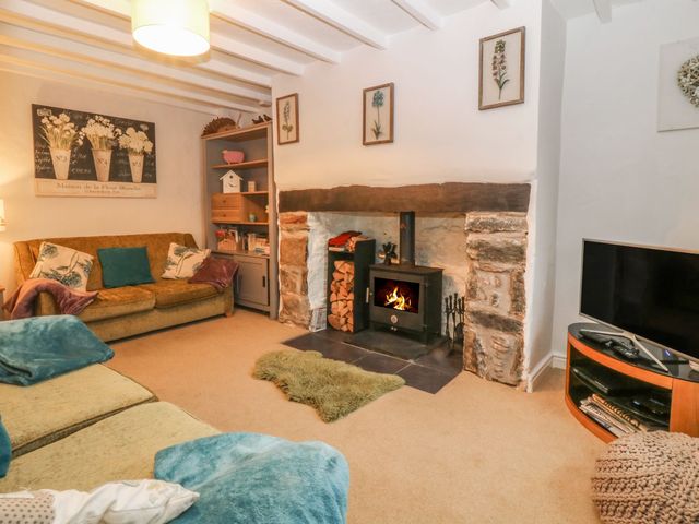 A living room with a fireplace and sofa at Rhianfa in Llanfairpwllgwyngyll