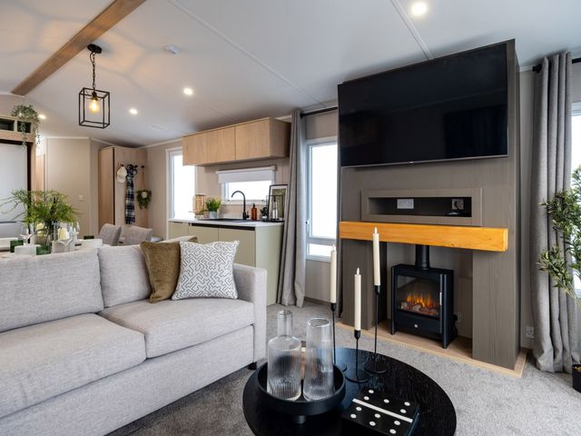 A living room with a sofa and television at Arlington 40 x 14 Two Bed