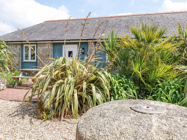 A garden with various plants and gravel in front of a stone and blue building with a white door at Roses Stable in Bodrean near Truro