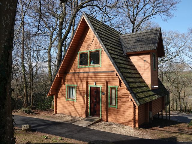 A cabin surrounded by trees at Acorn Lodge Finlakes Holiday Park near Chudleigh
