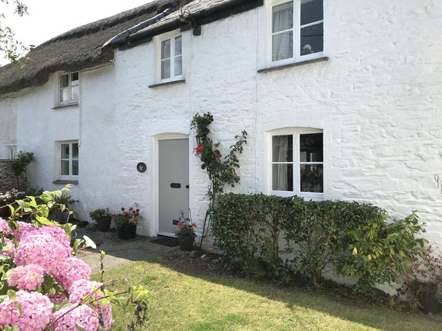 A cottage with flowers and hedges at Trevean in Crackington Haven