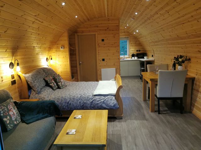 A living room with a bed and kitchenette at Lodge 2 in Pontyates