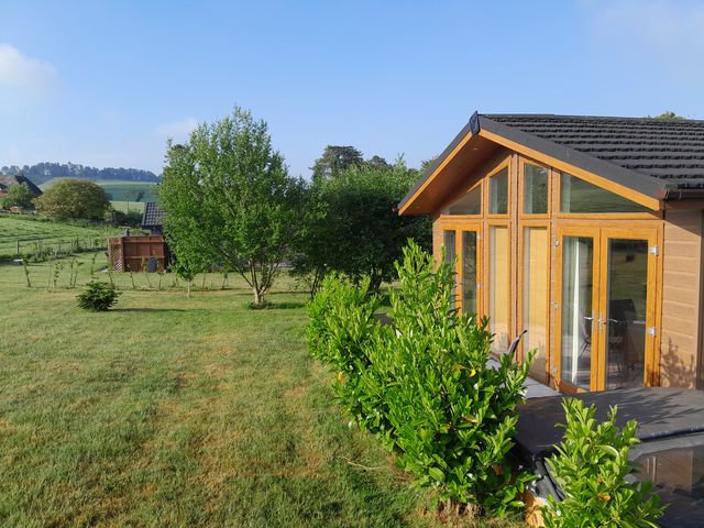 A garden with a cabin and trees at Whitey Top Country Lodge in Pentridge near Sixpenny Handley