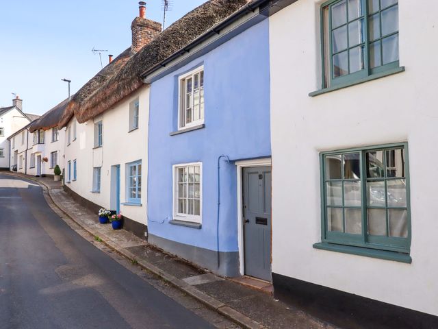 A street view of houses with thatched roofs and colored walls at Carpenters Cottage in Okehampton