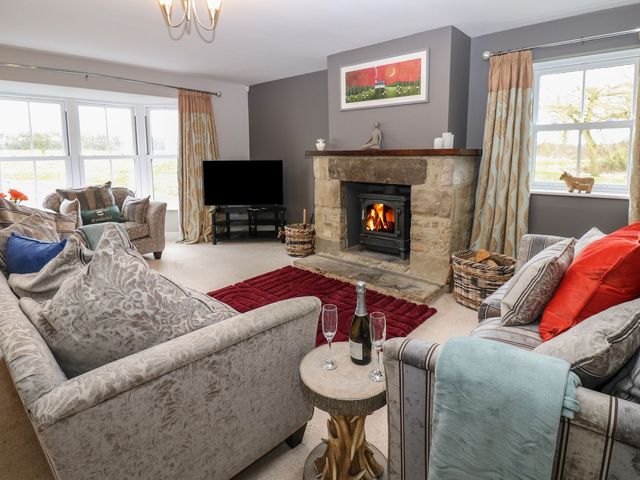 A living room with a fireplace and seating area at Hollymoor Hall Farm in Richmond