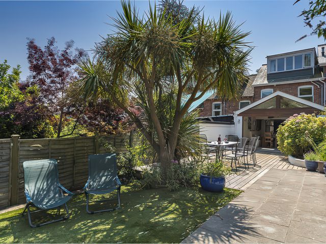 A garden with palm tree and seating area at Shipwrights in Salcombe