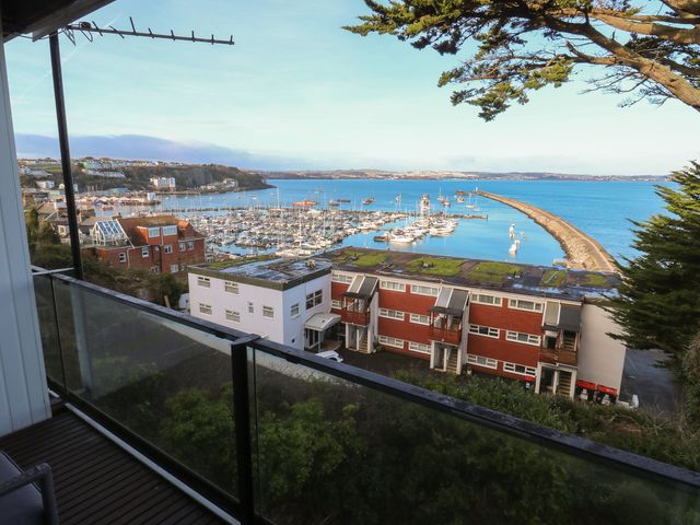 A view of a marina with boats and coastline at 20 Heath Court in Brixham