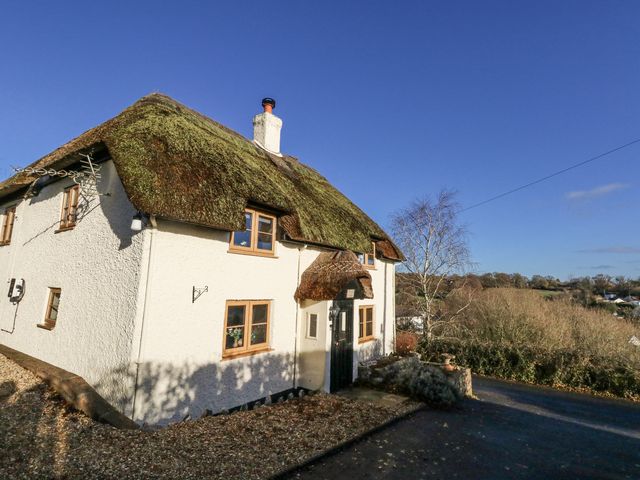 A house with a thatched roof and driveway at Honeysuckle Cottage in Smallridge Nr. Axminster
