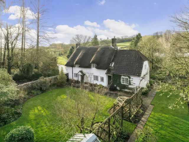 A house with a thatched roof and garden at Plush Cottage near Hazelbury Bryan