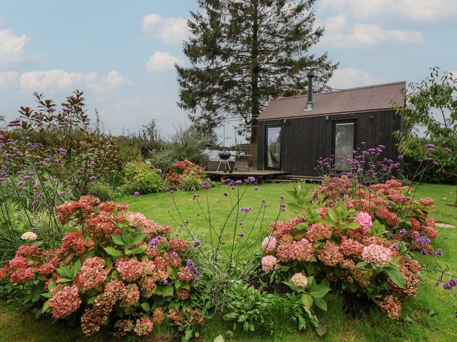 A garden with flowers and a house with a deck at The Bothy in 