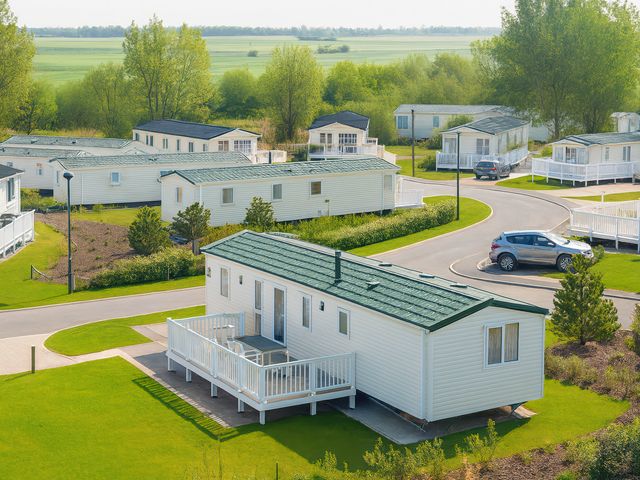 A mobile home with a deck in an outdoor area at Marton Mere Holiday Village - Holiday Accommodation 17890, Blackpool