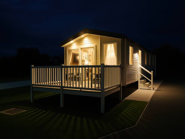 A holiday accommodation with a deck and steps at Lakeland Leisure Park - Holiday Accommodation 20349 in Grange-Over-Sands